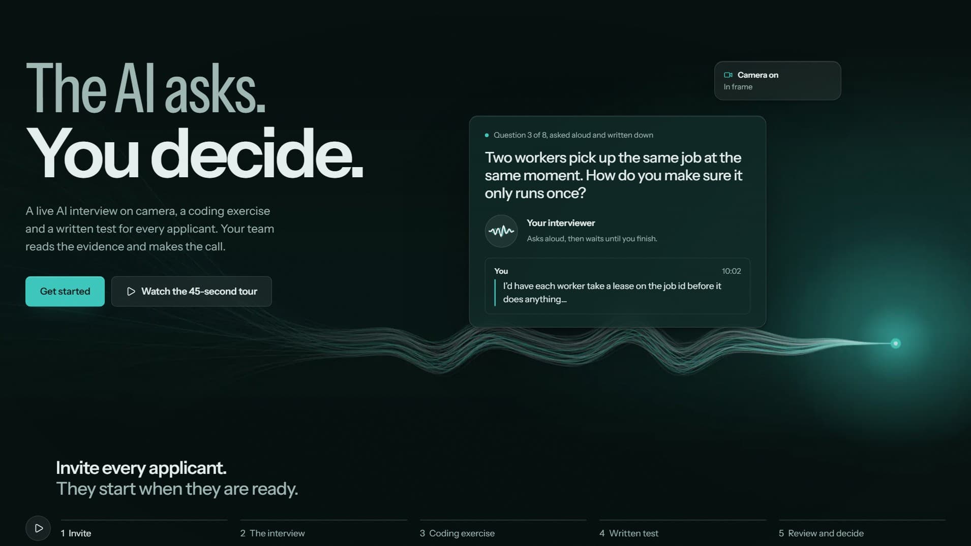 Interviewly's live landing page: the line 'The AI asks. You decide.' beside a sample interview question, asked aloud and written down, with the candidate's answer under it